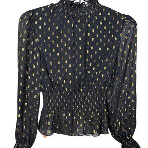 O.P.T Black Peplum Blouse with Gold Foil Accents – S